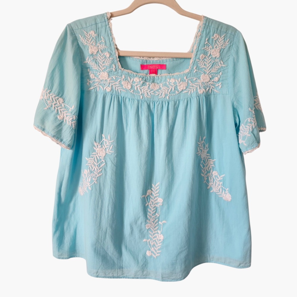 Lilly Pulitzer Tamryn Blue White Embroidered Cotton Blouse Shirt Top Small - Picture 2 of 9
